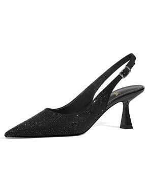 Women's Kitten Heels Slingback Low Heel Dress Shoes Closed Toe Black Rhinestone